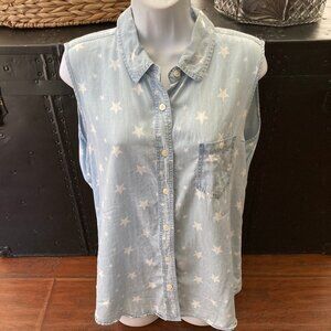 NorthStyle  Blue  Lyocell  Sleeveless Button Down Blouse White Stars Large